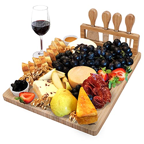Cheese Board and Knife Set-Bamboo Cheese Board with Cutlery Set, Wooden Cheese Board Set, Cheese Cutting Board Set, Cheese Plate Set, Cheese Tray, Charcuterie Platter,Serving Tray, Housewarming gift