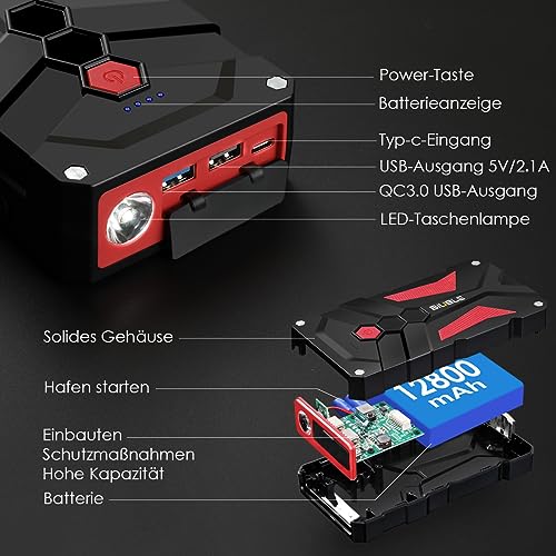 BIUBLE 5000A Starthilfe Powerbank 12V (Bis Zu 7,0L Benzin Oder 5,5L Diesel) Auto Starthilfe mit LED Taschenlampe Auto Batterie Booster Starter Powerbank für 12V-Fahrzeuge SUV Motorrad ATV Rasenmäher