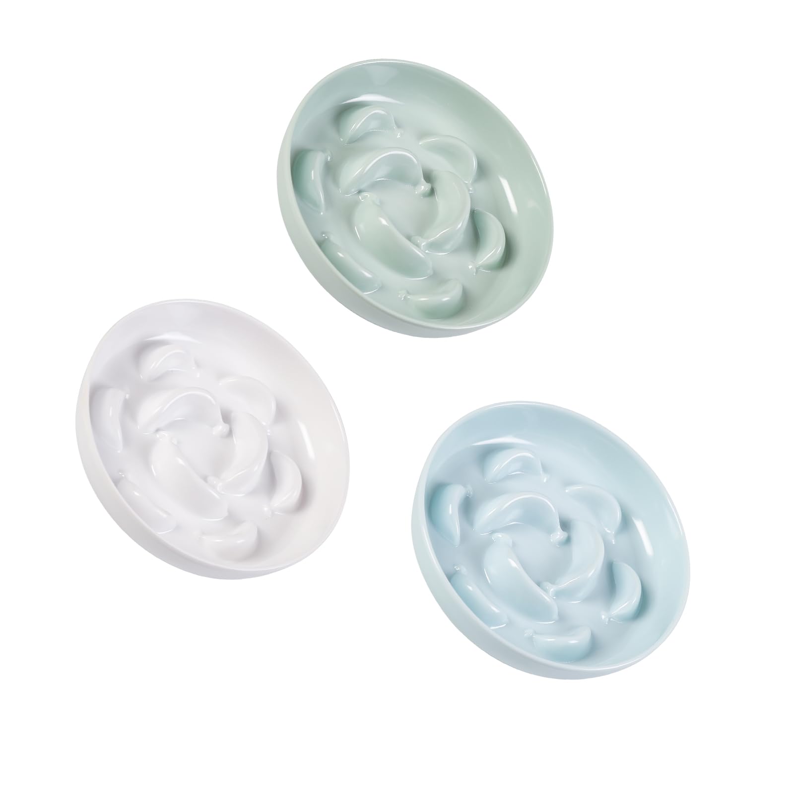 Antischlingnapf Katze Set aus Melamin - 3 Stück Futternäpfe für langsames Fressen - Katzennäpfe in Pastellfarben - Fressnäpfe für Katzen - Weiß, Blau und Grün