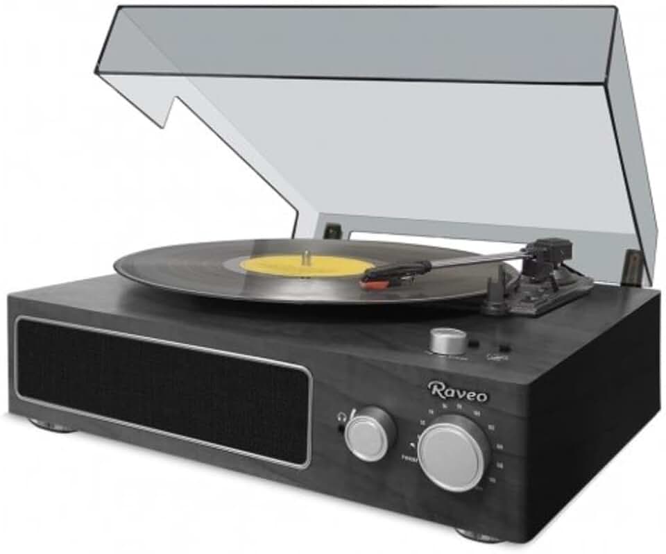 Raveo Vitrola Studio Ebony com Toca-discos, Rádio FM, USB, saída auxiliar e fone de ouvido e tecnologia de conexão Bluetooth, Cor: PRETO
