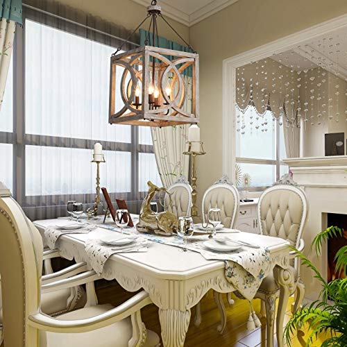 Farmhouse 4-Light Wood Chandelier Rustic Kitchen Pendant Light Fixture Square Wooden Chandeliers Ceiling Hanging Lighting for Dining Room, Island, Foyer,Entryway, Hallway,Bedrooms - Image 5