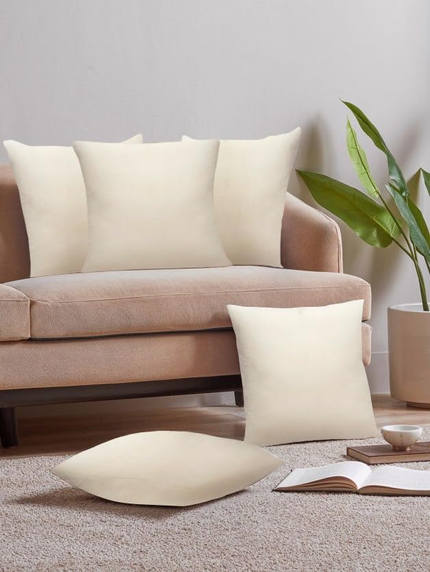 Image of Amazon Brand - Umi Velvet Decorative Cushion Cover 18x18 Inch - Set of 5, Soft Solid Square Throw Pillow Covers for Sofa, Living Room or Home Decor - 45x45 cm in Cream Color