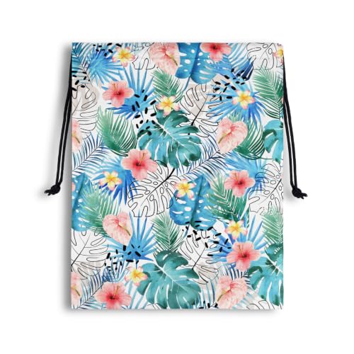 Image of Tropical Blue Leaf Drawstring Bag for Storage Gym Sport Yoga Shoes Pouch