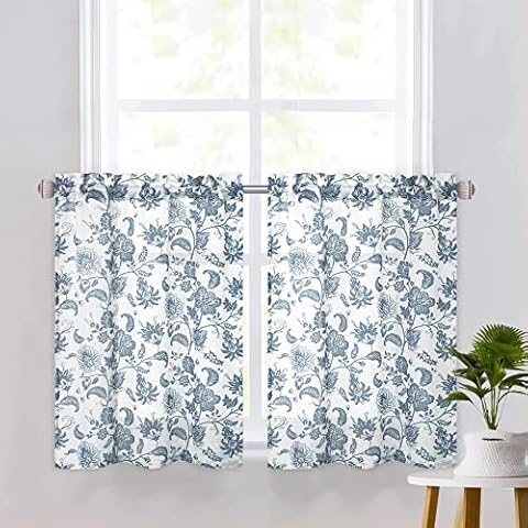 FairOnly Floral Print Kitchen Curtains Set of 2 Vintage Short Curtains Classic Curtain Tiers 24 Inch Length Rod Pocket Small Curtains Farmhouse Window Treatment for Bedroom, 26" X 24", Blue Cover
