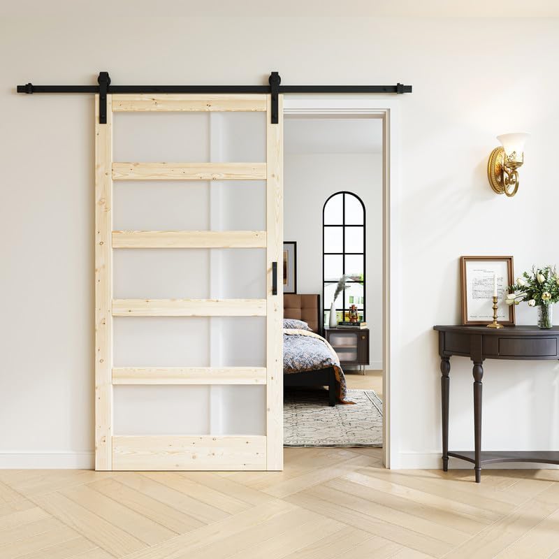 Puertas de granero de vidrio de 42 x 84 pulgadas con kit de herrajes para puertas correderas incluido y asa, puerta interior de vidrio esmerilado