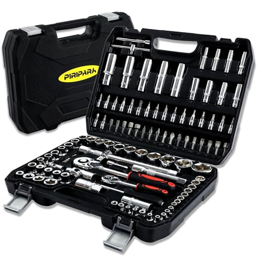 PIRIPARA Mechanics Tools Kit and Socket Set, 108-Piece Socket Wrench Set, 1/4\" & 1/2\" Drive, with Long Extension Bars