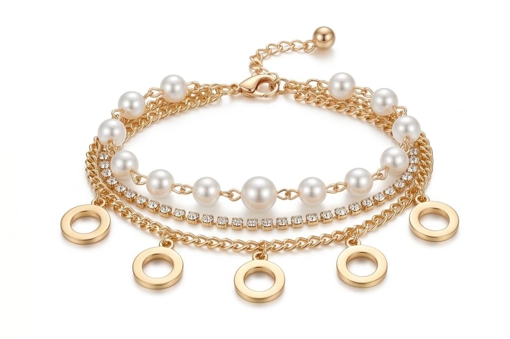 Pearl Charm Anklet for Women & Girls | Gold Tone Layered Anklet with Pearl Beads & Crystal Chain | Adjustable Fashion Payal | Elegant Korean Style Foot Jewellery-image-26
