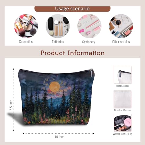 Watercolor Full Moon Above the Wildflowers Makeup bag, Cottagecore Accessories Cosmetic Bag, Cottagecore Gifts, Mystical Under Cold Moons Scenic Cosmetic Bag Toiletry Bag2