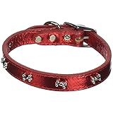 OmniPet シグネチャー レザー ドッグカラー ボーンオーナメント付き、メタリックレッド、45.7 cm