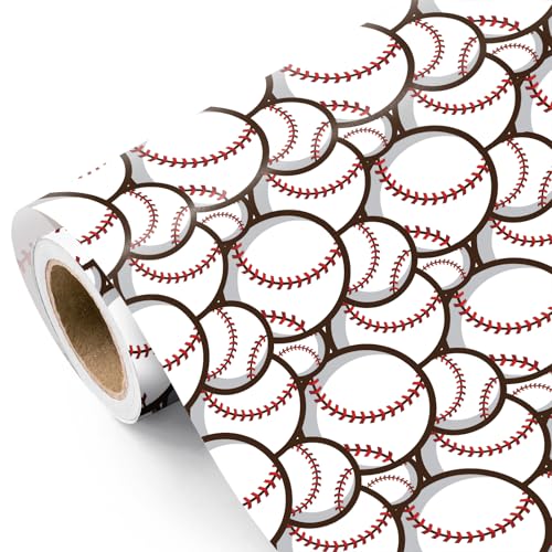 WRAPAHOLIC Baseball Wrapping Paper Roll - Mini Roll - 17 Inch x 9.8 Feet - Classic Baseball Sports Wrapping Paper Perfect for Kids Birthday Fathers Day Sports Party Team Celebration Gifts