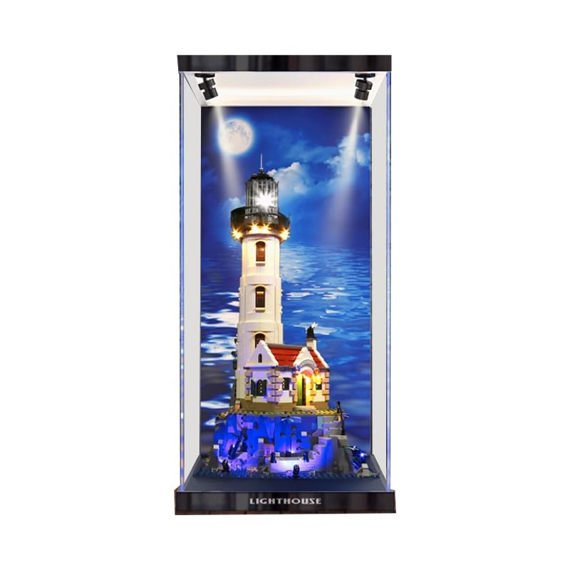 HCAEIOFJ Clear Acrylic Display Case for Lego Ideas 21335 Applicable for Motorized Lighthouse Designed Display Box Gift(Display Case Only) (Background+Top Light)