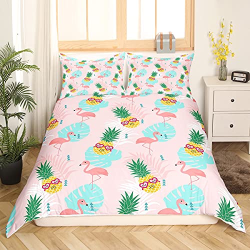 Homemissing Golden Pineapple Bedding Set for Kids Girls Boys Pink Flamingos Comforter Cover Tropical Animal Palm Leaves Duvet Cover Summer Natural Bedding & Linen Double Size - Image 3
