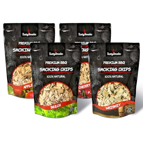 TastySmoke® Juego de 4 virutas para ahumar de alta calidad, virutas de madera natural de manzana, haya, cereza y roble, perfectas para ahumadores, barbacoas y barbacoas, 100% pura calidad, 750 gramos