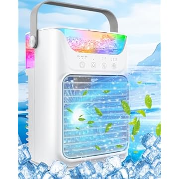 Ar Condicionado Portátil, 3 Velocidades do Vento e 7 Luzes LED Refrigerador de Ar Pessoal Evaporativo, AC Portátil 4 em 1 com Tanque de Água Grande de 650 ml, Mini Ar Condicionado para Quarto/Carro