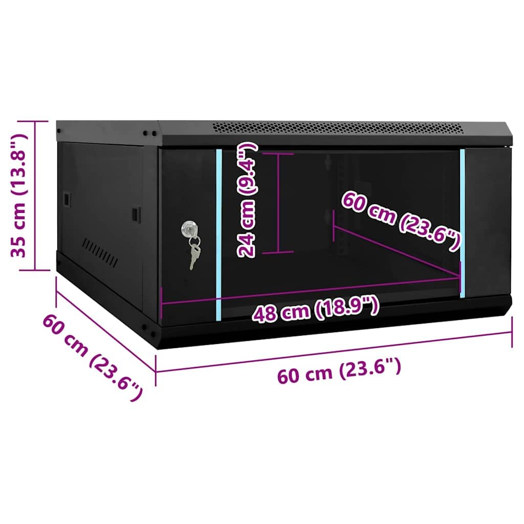 Armoire réseau, 60 x 60 x 35 cm, noir, montage mural, armoire serveur en acier avec verre de sécurité, pour bureau et maison