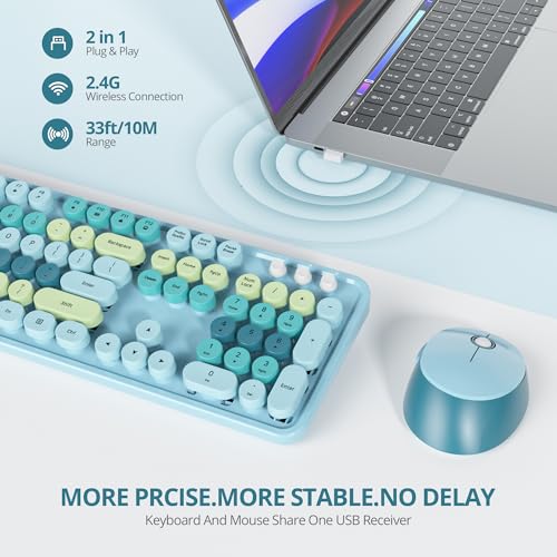 Image of Owpkeenthy Blue Keyboard and Mouse Wireless，Cute Typewriter Keyboard Wireless 2.4GHz Full-Size with Retro Round Keycaps for Desktop, Laptop and Computer(Coloful Blue)