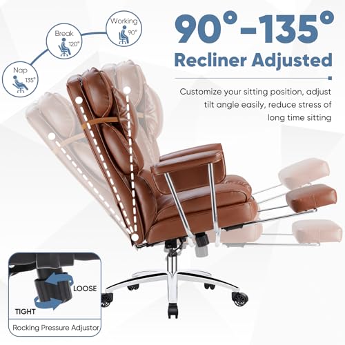 Image of DUMOS Home Office Desk Executive Chair - Ergonomic Big Tall High Back with Footrest & Lumbar Support, Reclining Height Adjustable, Comfy PU Leather Computer Gaming with Swivel Wheels, Brown