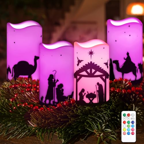 Leinuosen Set of 4 Advent Candles with Remote Timer Battery Operated Christmas Nativity Scene LED Flameless Pillar Candles for Advent Christmas Church Home Wreath Holiday Decor