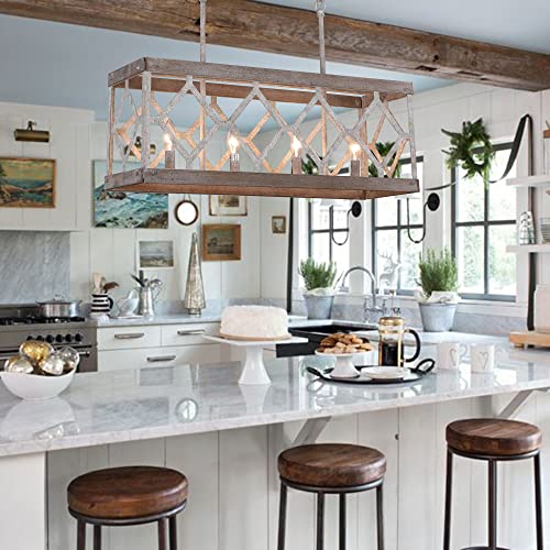 Docheer Farmhouse Island Chandelier Light Fixture, 4-Light Distressed White Wood Chandeliers For Dining Room, Rectangular Rustic Hanging Lighting Over Table #TOP3