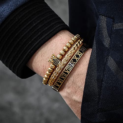 Wfyou 3Pcs Stainless Steel Imperial Crown Bracelets For Men Gold Roman Numeral Bangle Bracelet Adjustable Cuff Bracelet Mens Luxury Jewelry Gifts (02:Gold-Roman Numeral) #TOP1