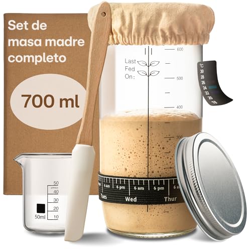 Praknu Kit de iniciación de Masa Madre de Vidrio (700ml) Set Completo con guía para Principiantes & panadería en casa