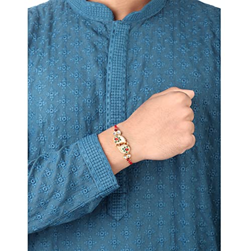 Image of Peora Rakhshabandhan Thread Rakhi for Brother Bhaiya | Kundan Beads & Crystal Studded | Combo Set of 2 | Rakhi Hamper Roli Chawal & Greeting Card
