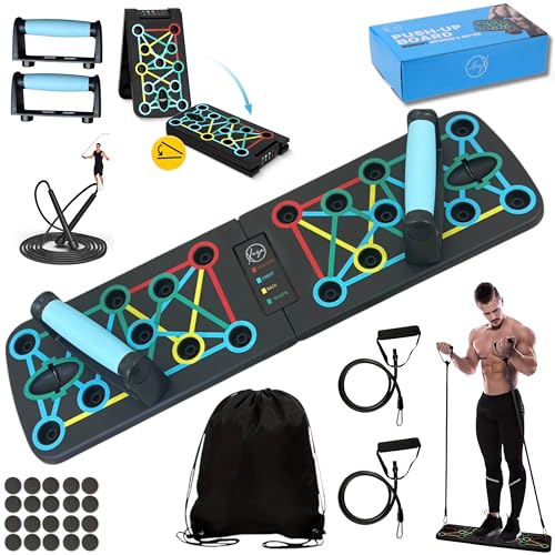 Xuza Push Up Board with Jump Rope | Multi-function Foldable Portable Press Up Board - Ultimate Home Gym Set, Storage Bag, Resistance Bands & Workout Guide - Great Gift for Men & Women