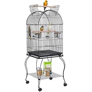 Yaheetech Jaula de Pájaros Jaula con Ruedas Jaula para Loros Canarios Jaula con Perchas para Pájaros 59 x 59 x 150 cm – Metal – Negro