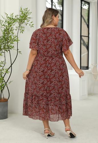 Image of Nemidor Plus Size Women Casual Maxi Dresses Print Bobo Belted Layered Chiffon Summer Long Dress with Ruffle Sleeve