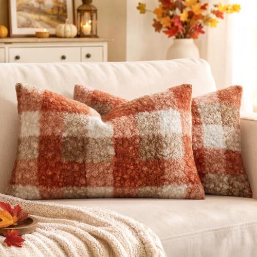 MIULEE Fall Plaid Pillow Covers 12x20 Inch Set of 2 Decorative Boucle Faux Fur Check Lumbar Throw Pillow Covers Fluffy Pillowcases for Farmhouse Living Room Sofa Bed Home Decor Orange