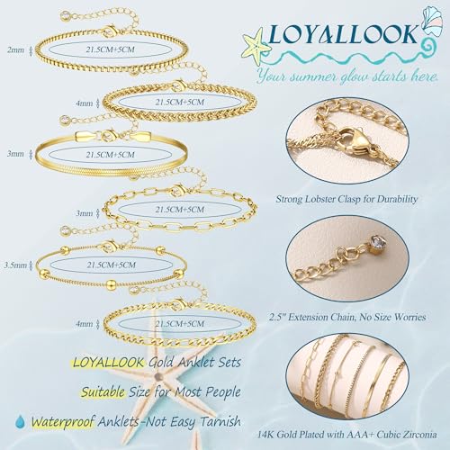 Image of LOYALLOOK Ankle Bracelets for Women Waterproof, 14K Gold Plated Cuban Figaro Link Chain Beaded Anklets Set, Dainty Layered Anklets for Women Non Tarnish Summer Beach Foot Jewelry Adjustable Size