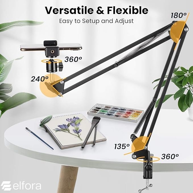 Image of Elfora Adjustable Overhead Mobile Phone Holder with Long Arm for Video Recording, Streaming, Office Use, Cooking, Crafting Videos Compatible with Devices Up to 4-7 Inches (Black)