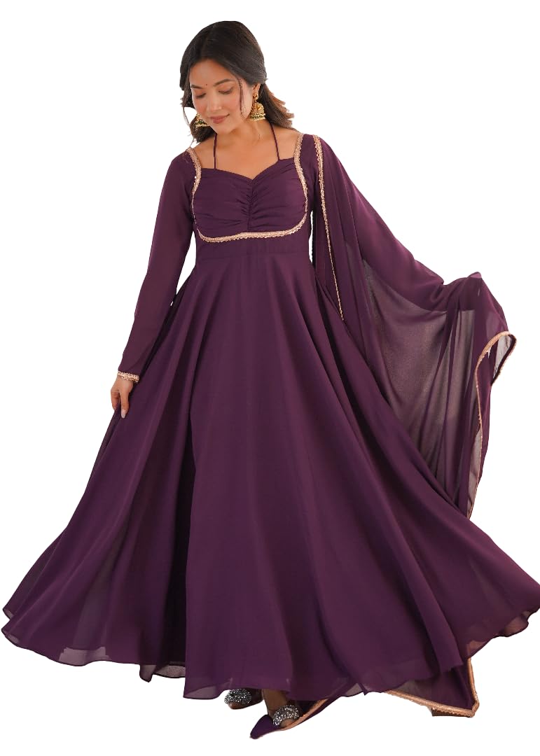 Women’s Anarkali Gown with Dupatta Set - Georgette Flared Floor Length Ethnic Dress with Full Sleeves, Sweetheart Neckline & Embroidered Border-image-24