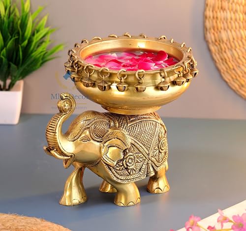 Mla's Decor Brass Elephant Urli Bowl with Bells, Ethnic Design Ur...