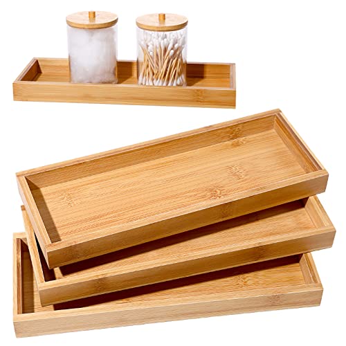 Chengu Bamboo Tea Serving Tray 3 Pcs Decorative Multi Use Bathroom Counter Tray With Edges Bamboo Vanity Tray For Dresser Counter Food Coffee Tea Snack Tissues Candles cover