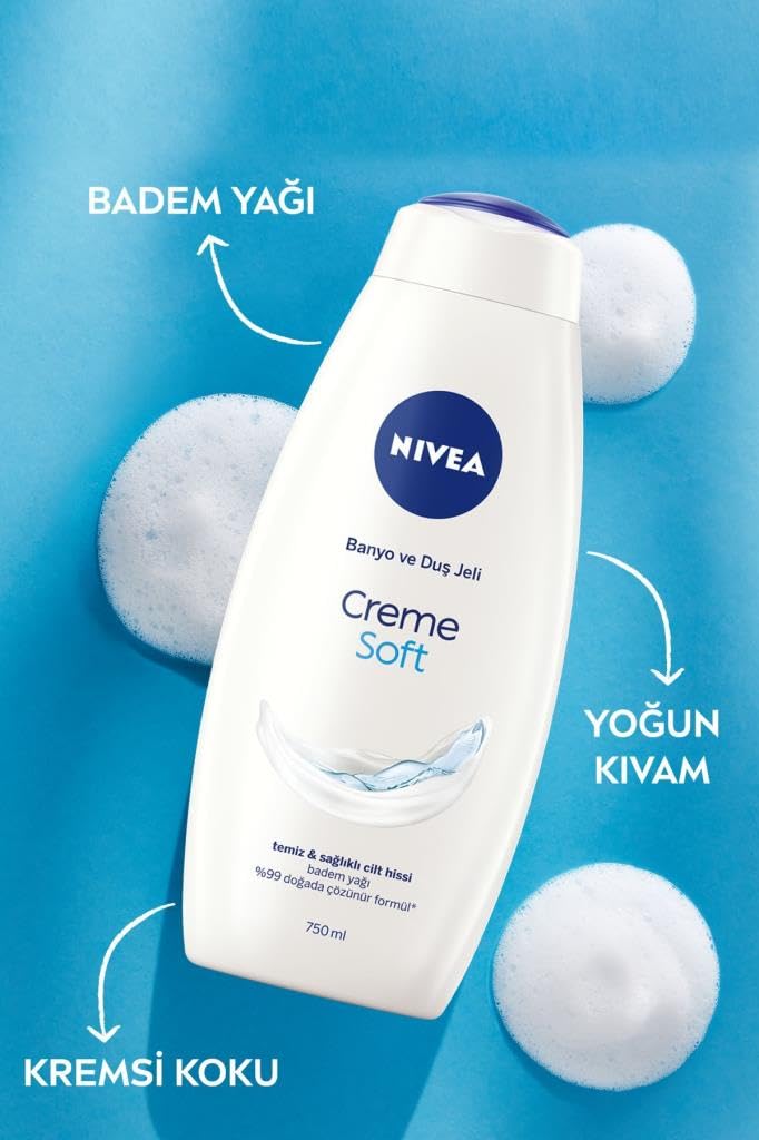 NIVEA Banyo Seti,Cream Soft Duş Jeli 750 ml,Fresh Natural Kadın Deodorant 150 ml,Vücut Losyonu 400 ml,Böğürtlen Dudak Bakım Kremi ve Banyo Terliği Hediye!