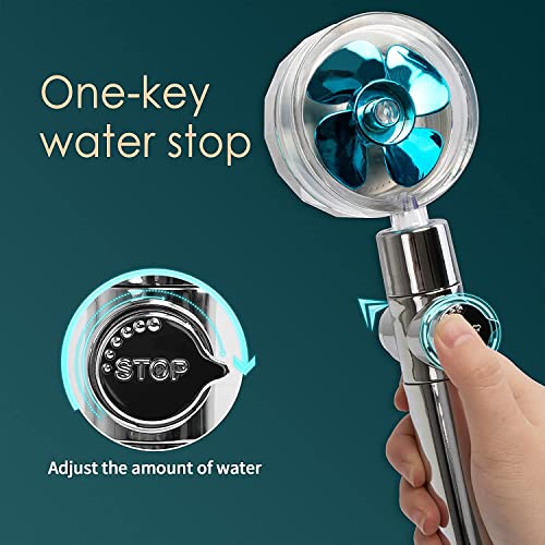 High Pressure Water Saving Shower, 360 Degrees Rotating Propeller Driven Handheld Shower Head with Filter, Turbo Spa Shower Head with Fan & Switch (Silver)