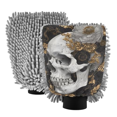 ALAZA Skull Gold Flowers Car Wash Mitt Scratch Free, 2 Pack Absorbent Microfiber/Chenille Washing & Drying Mitts, M