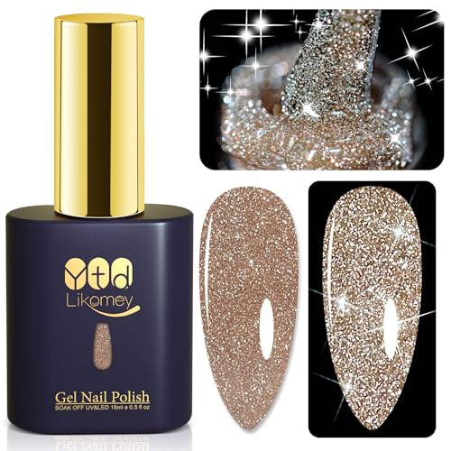 YTD Likomey Reflective Glitter Gel Nail Polish,15ml Champagne Gold Flash Diamond Shimmer Nails Gel,Sparkly Shiny Salon Home Fall Winter Manicure UV Color Varnish,SZ012