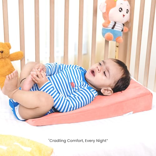 Image of Cherilo Standard Elevated Wedge Pillow for Baby Crib & Mattress, Helps to Elevate Baby for Acid Reflux, Colic, GERD, Heat Burn & Vomiting | 14 inch x 19 inch x 3.5 inch | - with Removable Velvet Cover - Peach