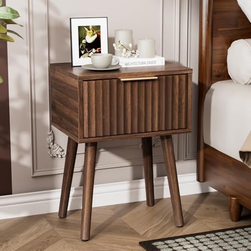 Image of VINGLI Night Stand Set 2, Fluted Nightstands with Drawer, Mid Century Modern Nightstands Set of 2, Bedside Table, End Table, Wood Nightstand for Bedroom, Walnut, 15.75 inch W*11.81 inch D*21.85 inch H