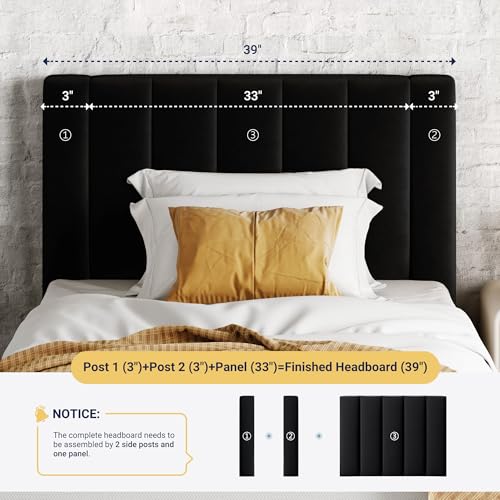 Image of Allewie Twin Bed Frame /Velvet Upholstered Bed Frame with Vertical Channel Tufted Headboard /Strong Wooden Slats /Platform Bed Frame /Mattress Foundation /Box Spring Optional /Easy Assembly /Black