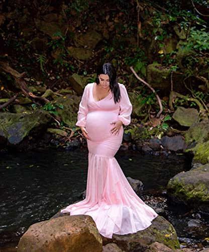 Saslax Long Chiffon Sleeve Tired Mermaid Maternity Dresses For Photoshoot Photography Baby Shower Gown Pink 69 Medium #TOP1