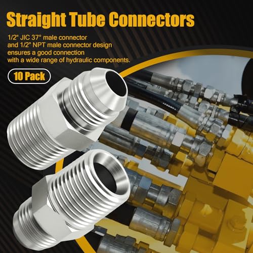 Image of SYOWADA 10 Pack Straight Tube Connectors, 1 /2 inch JIC Male x 1 /2 inch NPT Male Hydraulic Hose Adapter Fitting, Couples Tube Fitting for Industrial Hydraulic Applications (Silver)