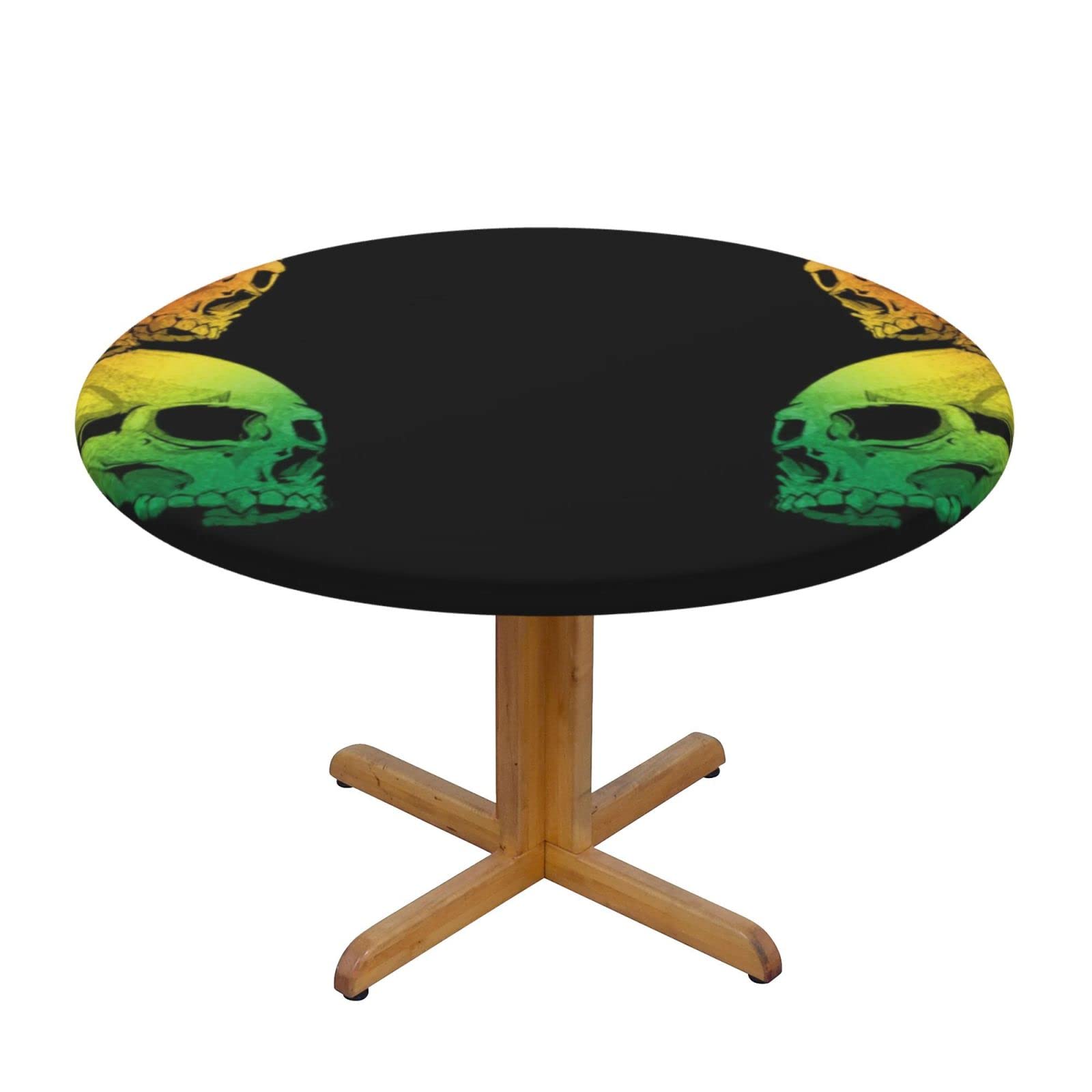 Lsjuee Round Fitted Tablecloth 40-44in Elastic Edged Table Cloth for Kitchen Dining Party Home Decor - Rainbow Skulls Death Black