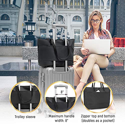 Nylon Shopping Tote Bag with Microfiber Leather Handles, Trolley Strap, Multiple Pockets and Key Clasp for Women (Black) - Image 6