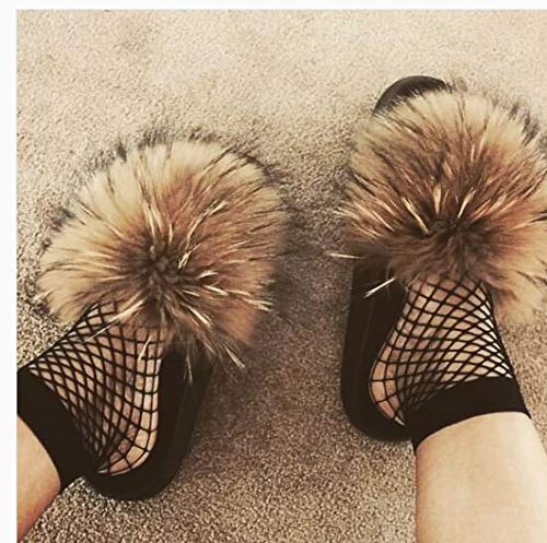 LVCOMEFF Women Real Fox Fur Sandals Slides Black Red Color Slippers Summer Fluffy2