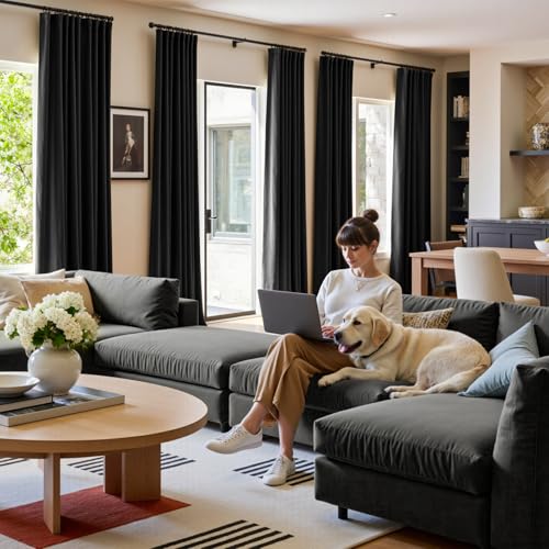 Image of Extra Long Black Velvet Curtains Rod Pocket 52x108 Inch 2 Panels | Soft Velvet, For Tall Windows & High Ceilings, Light Shifting Texture, Elegant Drape, Classic, Rod Pocket