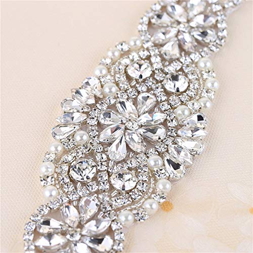 Crystal Rhinestone Appliques, 34.3 X 1.9 In, Pearls Beaded Embellishments Trim Handcrafted Elegant Sewing Hot Fix For Diy Wedding Bridal Belts Sashes Prom Dresses - Silver #TOP1
