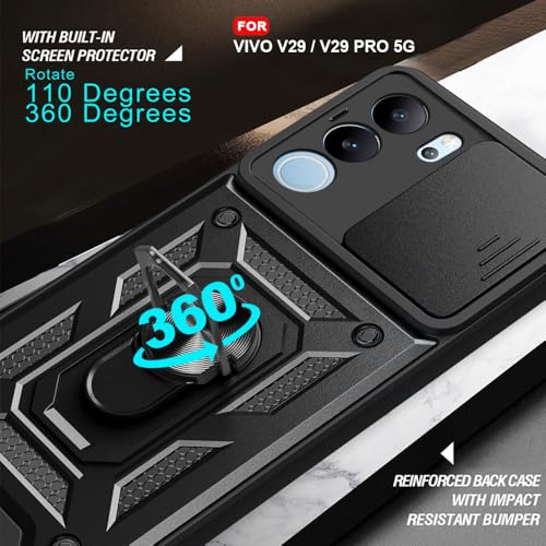 Image of AESTMO Tough Armor Vivo V29 / V29 Pro 5G Bumper Back Case Cover | Ring Holder & Sliding Camera Shield Cover | 360 Degree Protection Back Case Cover for Vivo V29 / V29 Pro (Black) - Polycarbonate
